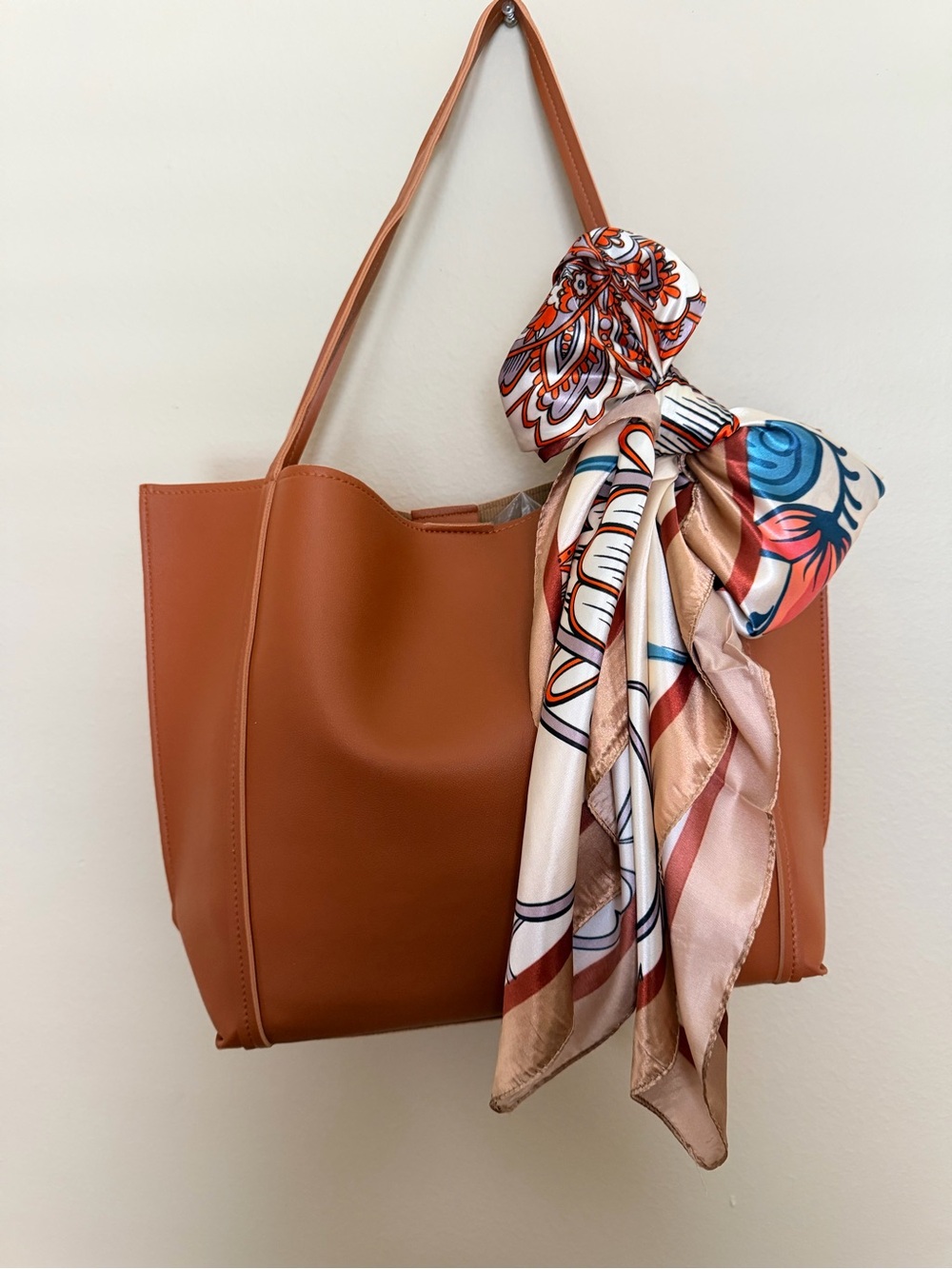 Soft faux Leather Tote Bag in Cognac with Decorative Scarf
